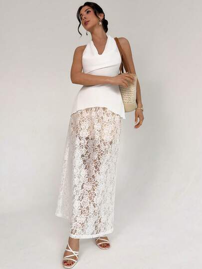 Firerie Women's Elegant Summer Beach Vacation Casual Outfit, White Draped Neck Cropped Top & Lace A-Line Loose Skirt 2 Piece Set, Suitable For Island Vacation, Wedding Guest Dress, Date, Summer Wear
