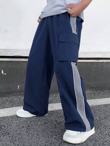 SHEIN 儿童/青少年男童休闲百搭舒适彩色织带字母印花直筒宽松纯色长裤，适合通勤、上学、日常休闲、旅行、运动，春夏秋冬皆宜。 - 藏蓝色 - 查看 6