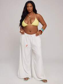 MUSERA Plus Size Linen Feel Beaded Tie Waist Wide Leg Trousers Pants Spring Summer Vacation Holiday Beach Formal Elegant Casual Swim White - Multicolor - View 1