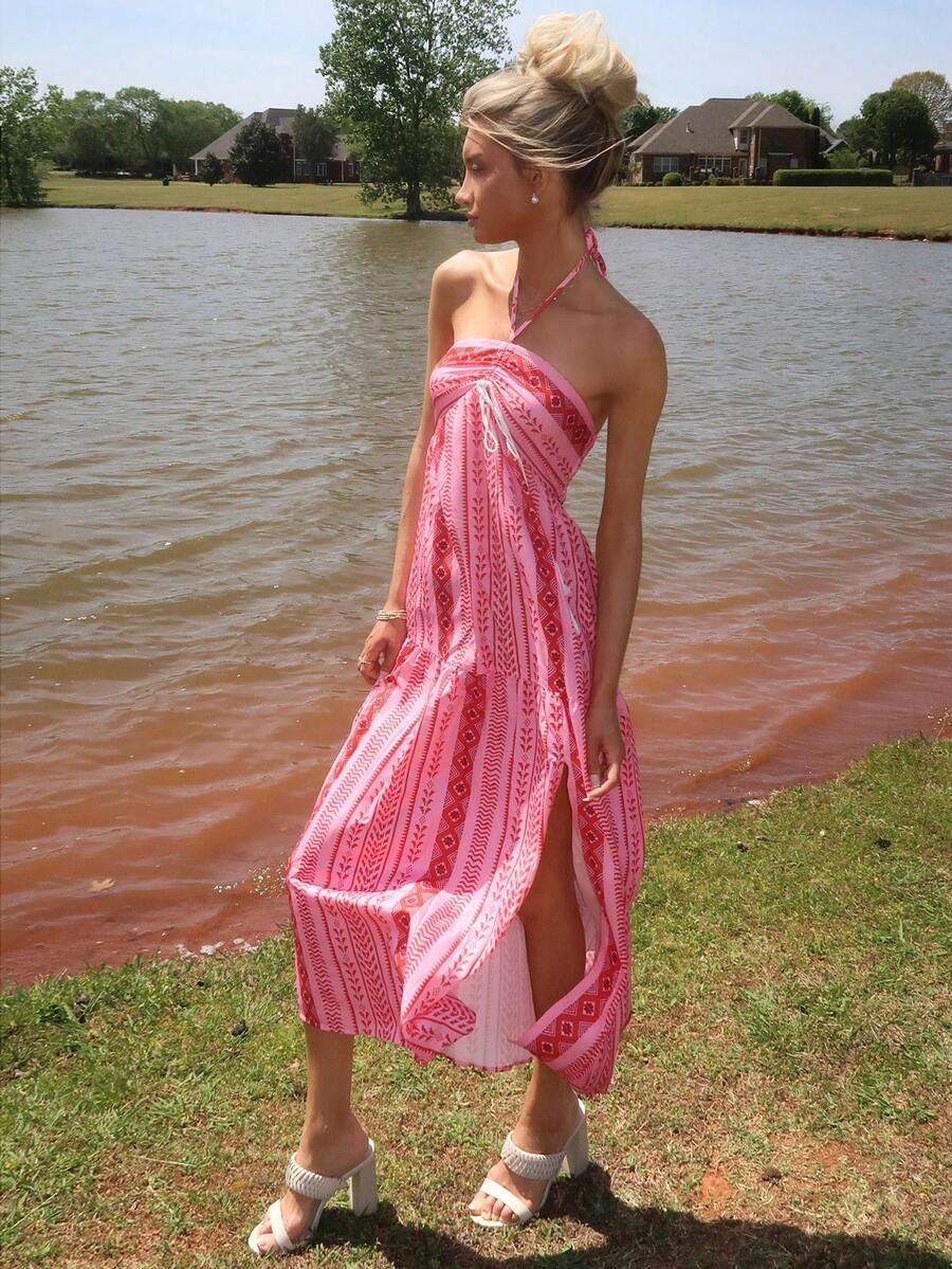Sydney Algeri 夏季沙滩裙 多巴胺 女士吊带连衣裙 长款女士装 - 粉色 - 查看 1