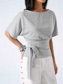 LYSMO Women's Casual Solid Color Bat Sleeve Pleated Twist Fitted T-Shirt, Summer,Summer Top - Dark Grey - View 5
