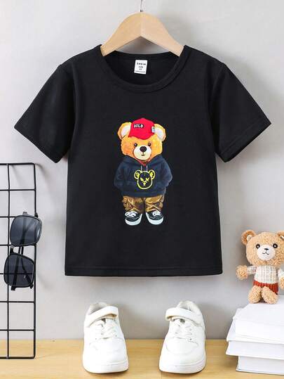 SHEIN Genkimix Kids 年輕男孩的短袖動物及字母印花t恤