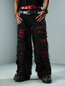ROMWE MEN Street Life Quần jeans nam phong cách Punk đường phố rách túi xéo - màu đen - Xem 5