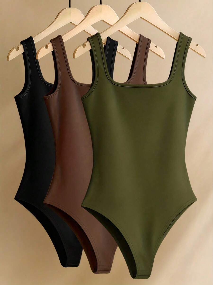 Resyla Women's Minimalist Solid Color Square Neck Bodysuit, Versatile For Summer - Coffee Brown - View 1