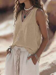 V-Neck Casual Comfortable Vacation Countryside Relaxed Texture Women Vest Top - Apricot - View 6