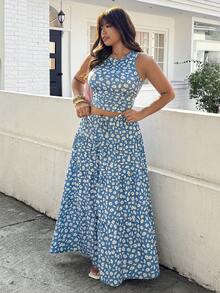 SHEIN EZwear 大码女式夏季雏菊印花修身露脐背心和迷你裙两件套 - 彩色 - 查看 8