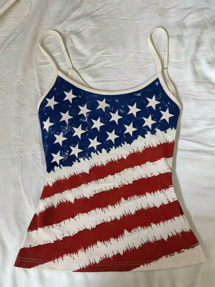 INAWLY Top ajustado casual con estampado de estrellas y rayas para el verano - Albaricoque - Ver 1