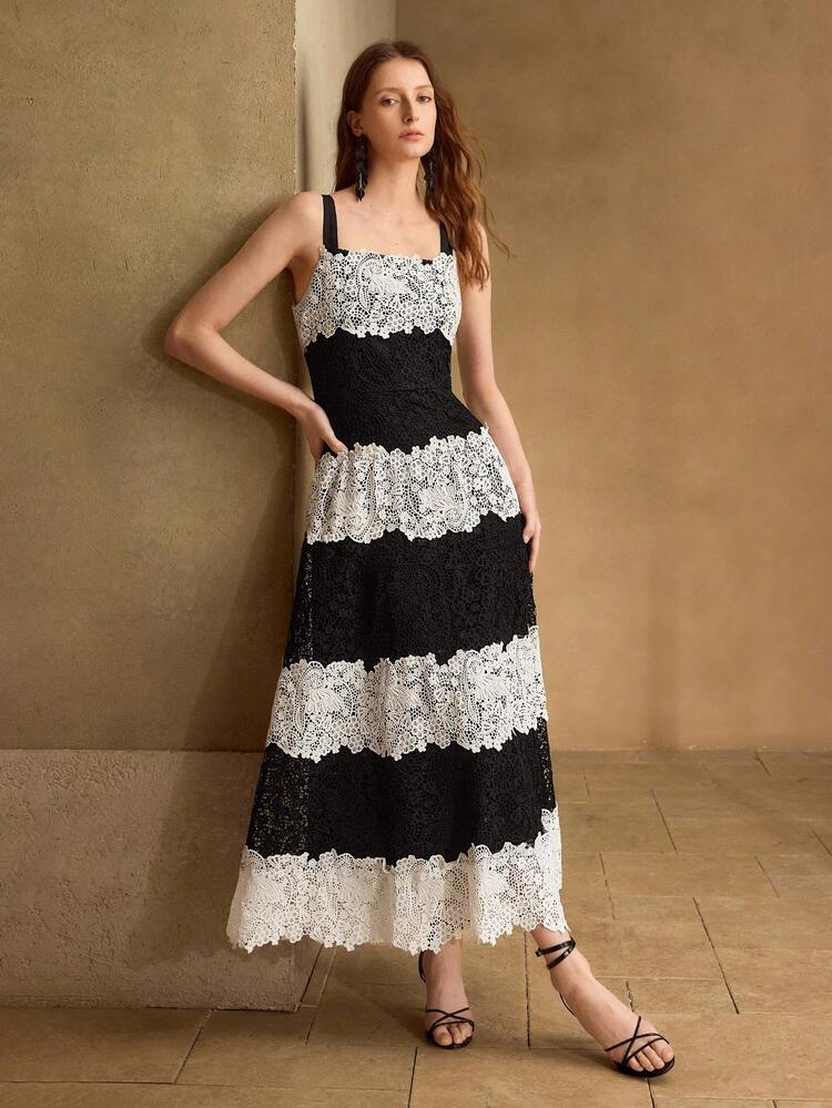 WOMEN'S FASHIONABLE CONTRAST LACE COLORBLOCK CAMI LONG DRESS