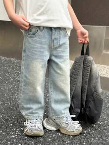 Bubblio Quần jeans dài rộng rãi, thoải mái, màu xanh nhạt, kiểu dáng cơ bản, dành cho bé trai, phong cách thời trang mới, mùa xuân hè. - Rửa nhẹ - Xem 3