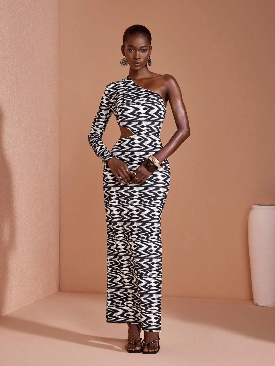 JIAN LASALA Women Long Dress Sexy Halter Sleevele All Over Print Split Back Slit Cutout - Multicolor - View 1