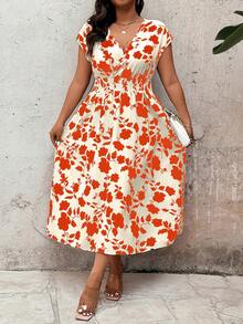 SHEIN Clasi Plus Size Women Vacation Plant Print Waist Tie Dress - Orange - View 5