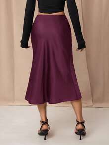 SHEIN PETITE Black High Waist Solid Color Skirt With Satin Texture Suitable For Dance And Daily Wear - Purple - View 2