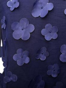 SHEIN 優雅三件套，海軍藍，夏季，正式，透視網紗面料，3D花卉圖案，可拆卸肩部飾片，修身剪裁背心上衣，寬腿長褲 - 藏蓝色 - 查看 8
