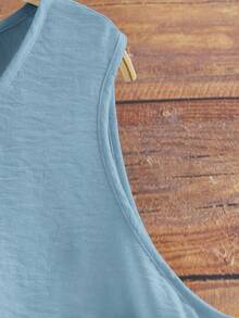 SHEIN LUNE CURVE 大码女式纯色圆领无袖休闲衬衫 - 淺藍色 - 查看 5
