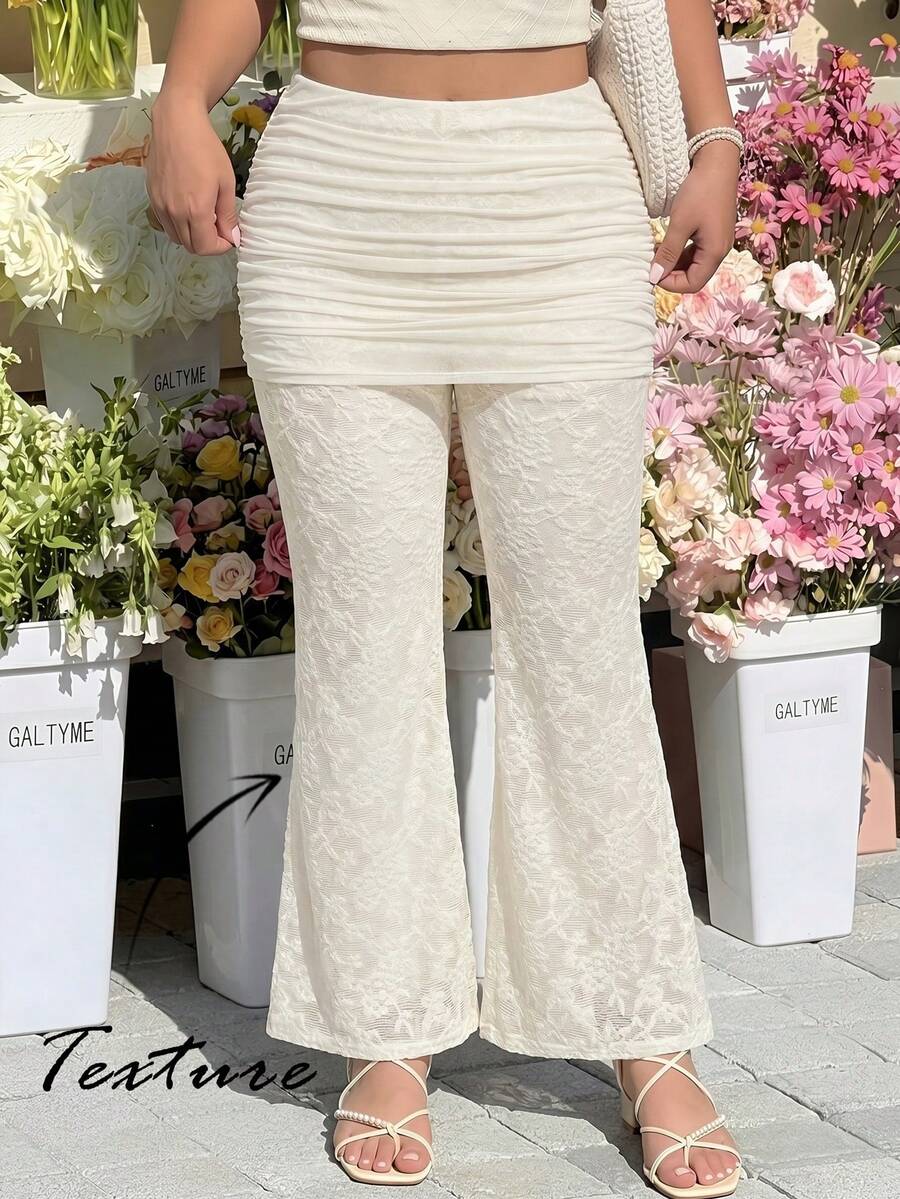 SHEIN MOD 大码女士杏色针织提花喇叭裤，波西米亚风花卉图案，透视阔腿裤，适合派对和假日穿着 - 杏色 - 查看 1