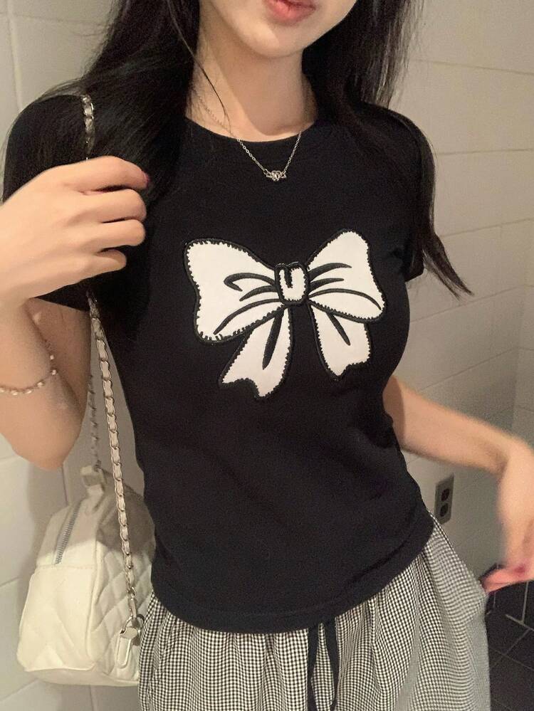 Women's Summer Round Neck Short Sleeve Bow Print Casual T-Shirt