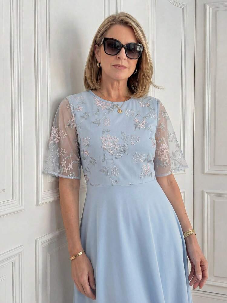 Elegant Middle-Aged & Elderly Women's Summer Vacation Style Patchwork Embroidery Mesh Waist Cinching Dress