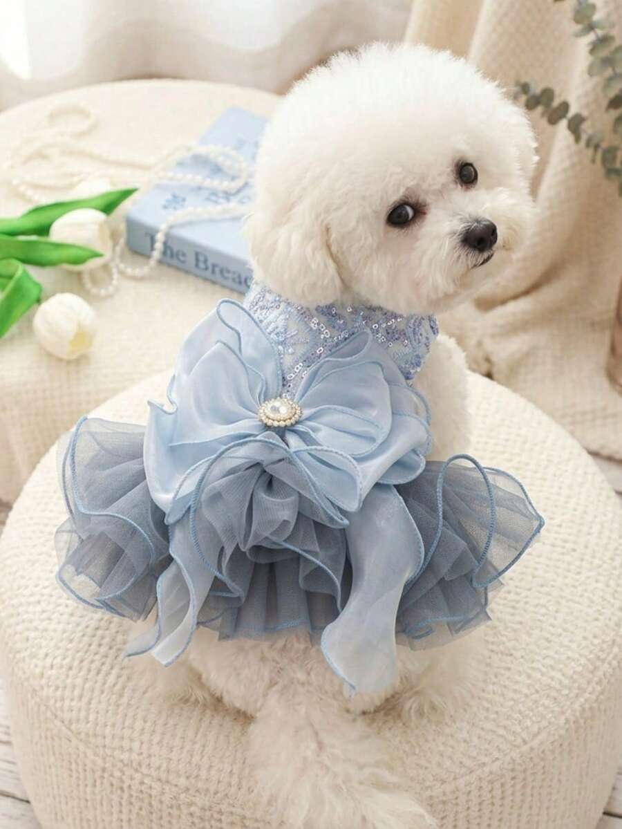 PETSIN 1件猫狗通用服装,奢华蓝色亮片宠物连衣裙,超大水钻蝴蝶结装饰优雅网纱公主裙 - 藍色 - 查看 1