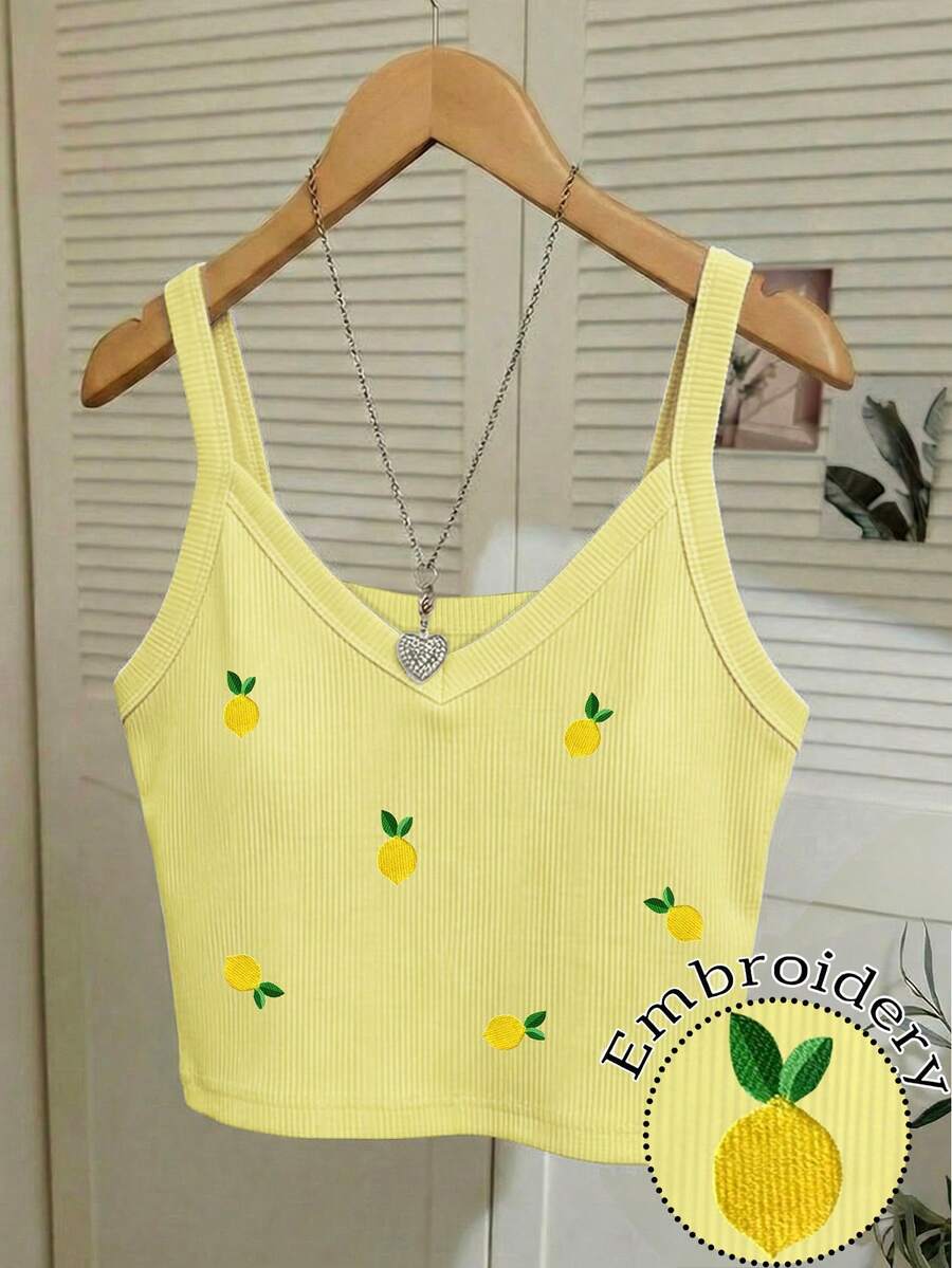 Franclia Women's Tank Top, V-Neck, Comfortable And Fitted, Lemon Embroidery, Refreshing And Lively Style, Lemon Yellow Top, Best-Selling Style For Summer - Yellow - View 1
