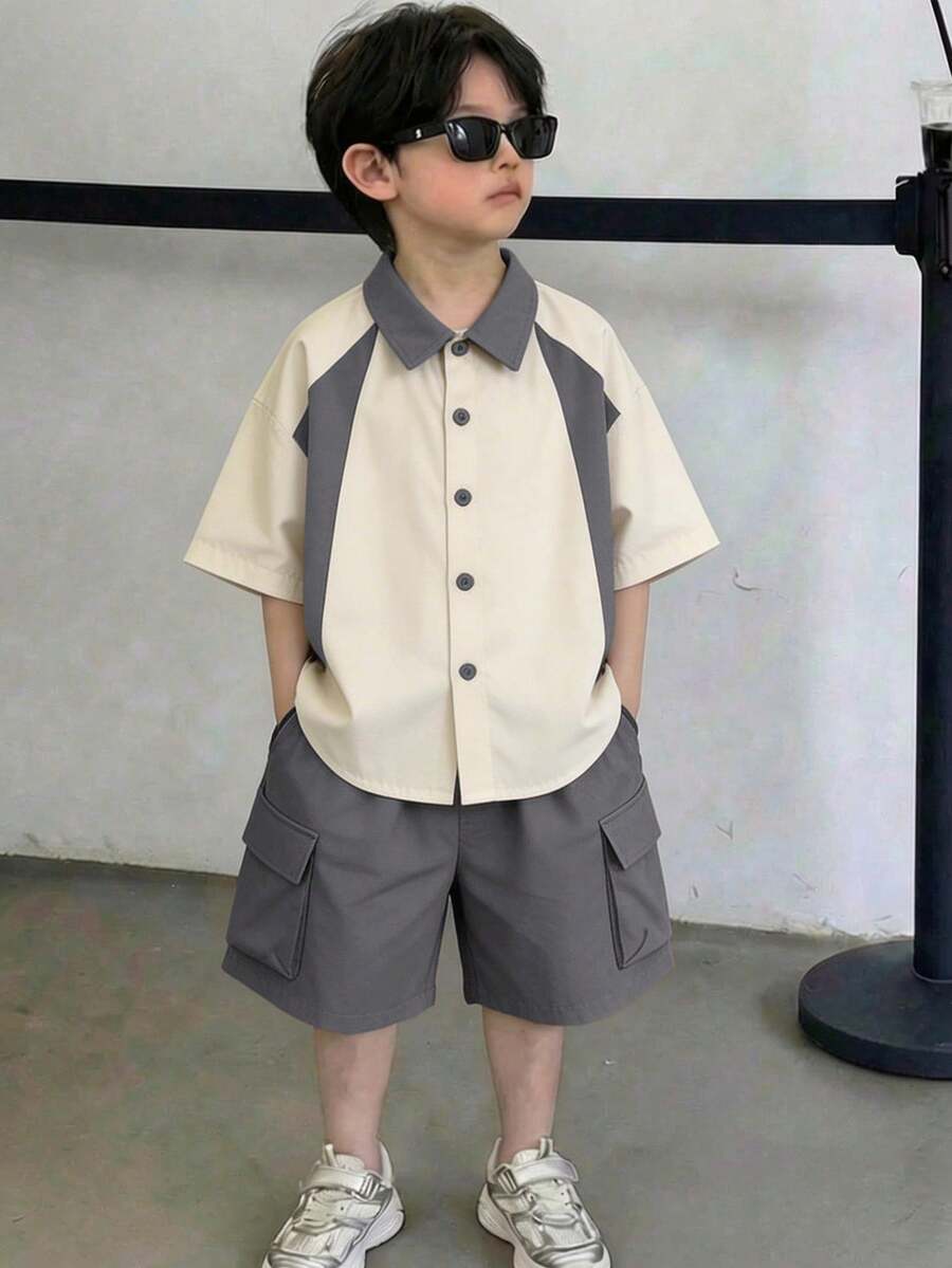 Bộ 2 món phong cách Hàn Quốc thoải mái gồm áo khoác cardigan cổ bẻ và quần short kaki cho bé trai, thích hợp cho các dịp xuân/hè như đi chơi, ngày Valentine, hẹn hò, du lịch, nghỉ lễ, họp mặt gia đình, tựu trường, đám cưới, tiệc tùng, thể thao, sinh nhật. - Nhiều màu - Xem 1