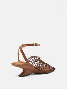 Giày sandal đế xuồng lưới rỗng mũi cho nữ, giày cao gót hở mũi quai ngang thoáng khí, giày bít mũi hở gót thanh lịch cho các bữa tiệc mùa hè. - màu nâu - Xem 4
