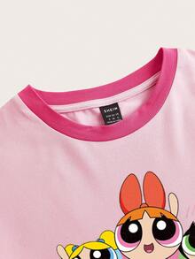 Sweetina THE POWERPUFF GIRLS X SHEIN 女士圆领撞色滚边卡通字母印花休闲百搭日常短袖T恤 - 粉色 - 查看 3