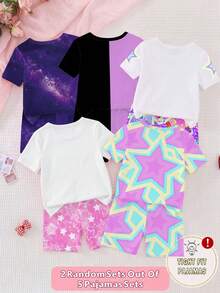 [5 conjuntos aleatórios, 2 conjuntos entregues] Pijama infantil feminino, estampa moderna e fofa de desenho animado K-POP para primavera/verão, conjunto de pijama de 2 peças com shorts de manga curta em tecido de malha justa e alta elasticidade (entrega aleatória) - Multicolorido - Ver 2