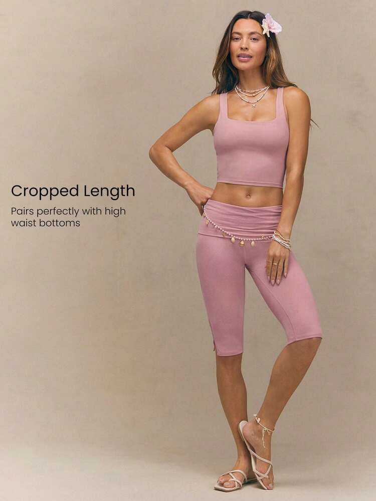 FeatherFit™ Active Ambition Buttery-Soft Square Neck Twisted Open Back Removable Cups Crop Active Tank Top Low Impact Yoga Pilates Studio Daily Wear