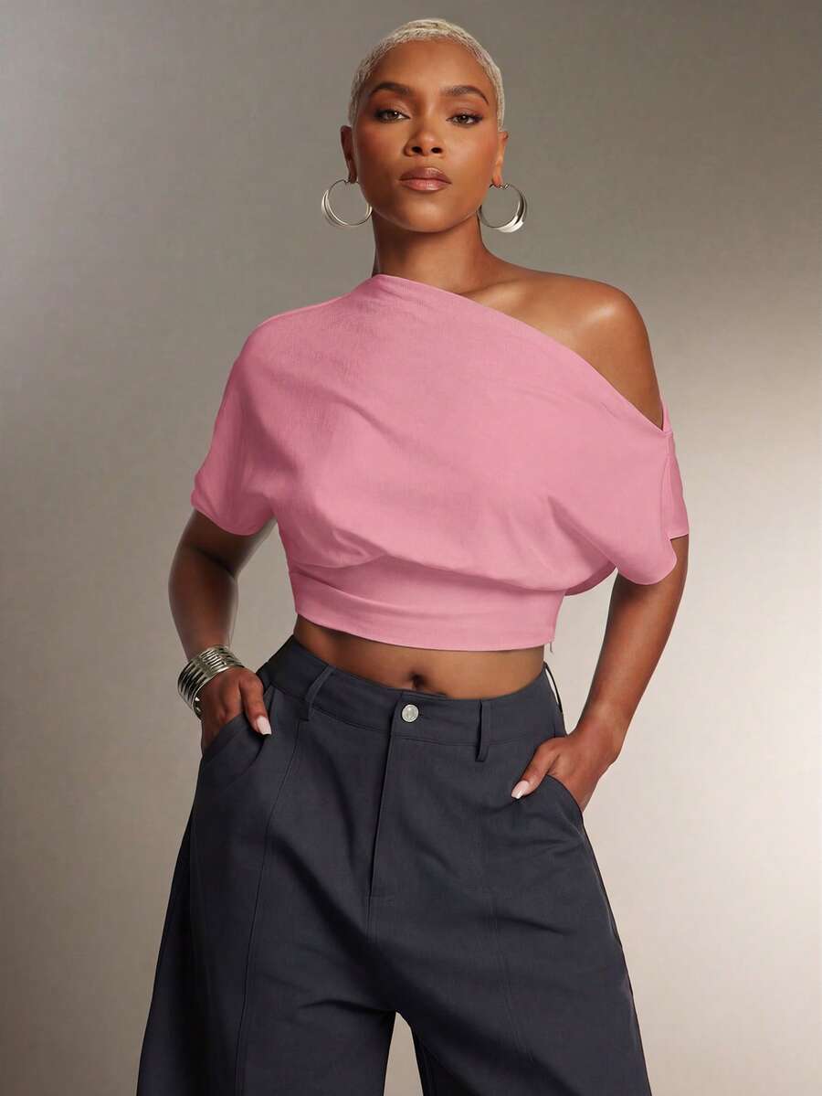 Denimoi Cinched Waist Off Shoulder Top Fashionable Everyday Sexy Tops Fashion Tshirt Night Out Pink Summer - Pink - View 1