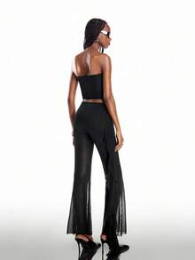 Airlisse Women's Fashion Pastal Bandeau Crop Top + Ruffle Trim Mesh Splice Casual Sexy Flare Leg Pants 2-Piece Set Golf Summer - Black - View 4
