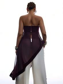 SHEIN EZwear Plus Size Women Summer Elegant 70's Solid Color Sheer Patchwork Asymmetric Hem Tube Top Party Dark Purple - Burgundy - View 2
