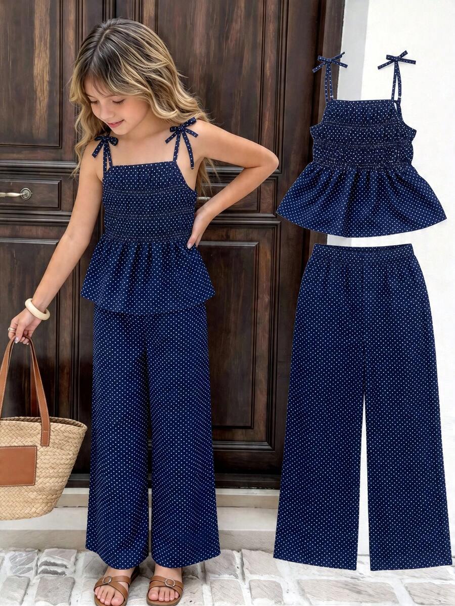 SHEIN Sparklyn Conjunto de verano con top de tirantes con lazo a rayas y pantalones rectos para niñas - Azul - Ver 1