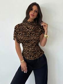 Firerie Blusa de Bambu e Linho com Gola Enrugada, Manga Assimétrica, Franzido Lateral na Cintura, para Uso Diário, na Cor Damasco, para Todas as Estações - Multicolorido - Visão 2