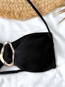 SHEIN Conjunto de tankini de unicolor para niñas preadolescentes - Negro - Ver 3