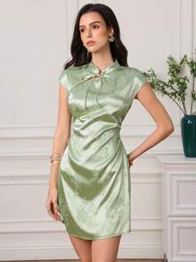 EastFlair Women's Jacquard Tie Neck Cap Sleeve Elegant Mini Dress - Aqua Green - View 7