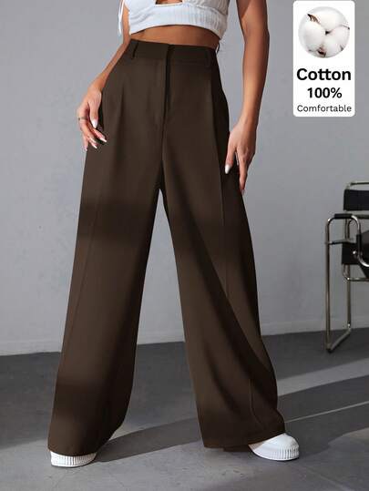 SHEIN EZwear Quần ống rộng cạp cao 100% cotton màu nâu, đa năng, phù hợp cho các dịp thường ngày, đi học, dự tiệc, tốt nghiệp, tựu trường, nghỉ mát và công sở.