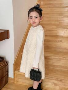 DAZY Girls Plain Apricot Polyester Sleeveless Dress With Round Neck And Zipper Detail For Winter - Apricot - View 8
