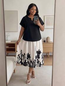 SHEIN Lady CURVE Bộ đồ 2 mảnh thanh lịch dành cho nữ cỡ lớn: Áo sơ mi ngắn tay cổ chữ V trơn và chân váy midi in hoa. - Nhiều màu - Xem 6