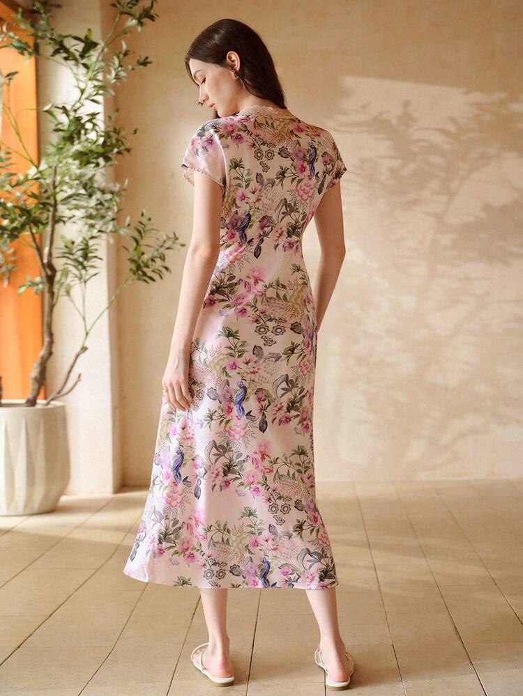 WOMEN'S SATIN FLORAL PRINTED LACE PATCHWORK ROMANTIC SLEEP DRESS, SPRING/SUMMER