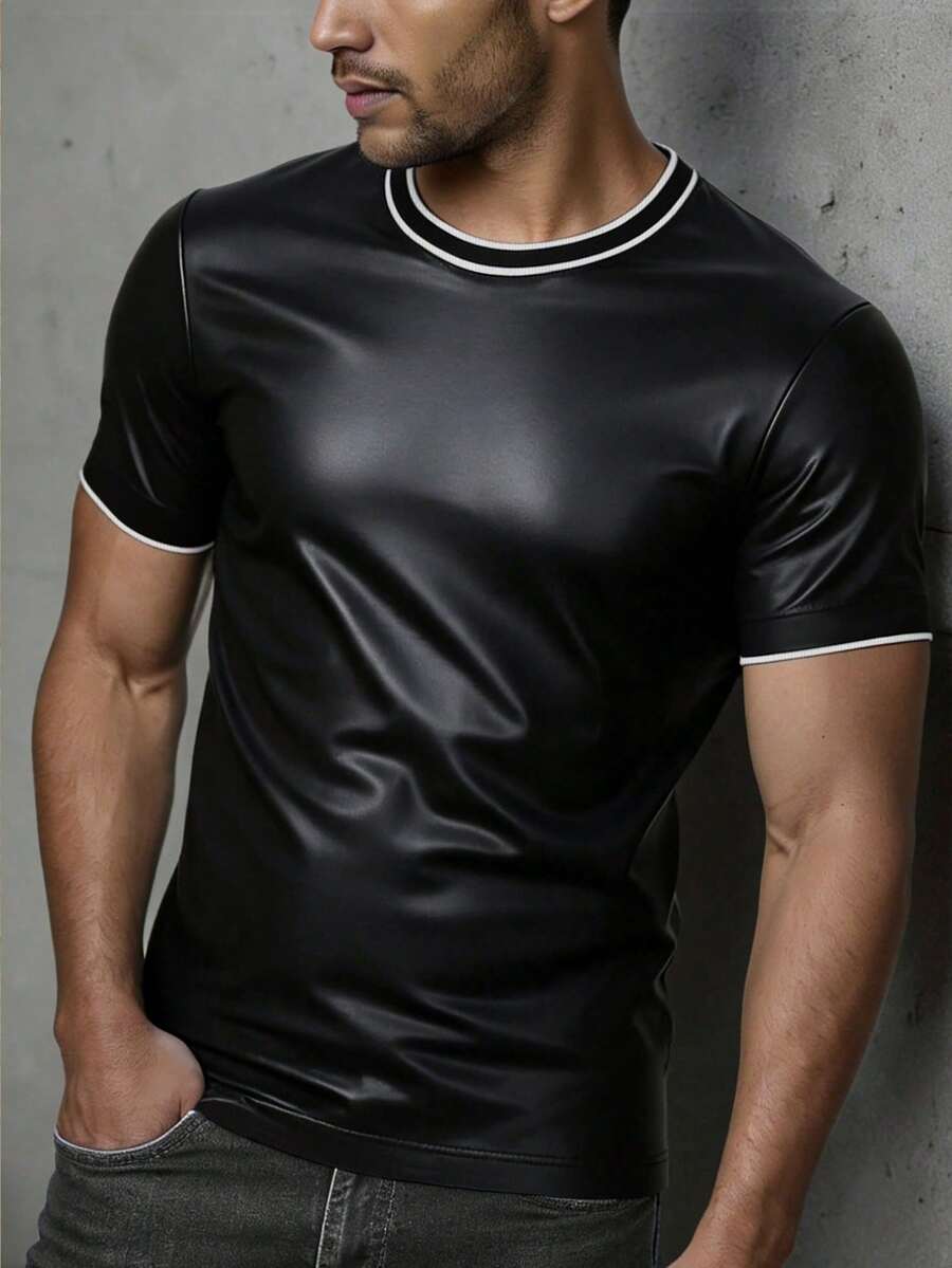Manfinity Homme 男士修身仿皮圆领T恤,撞色滚边黑色短袖,休闲街头风上衣 - 黑色 - 查看 1