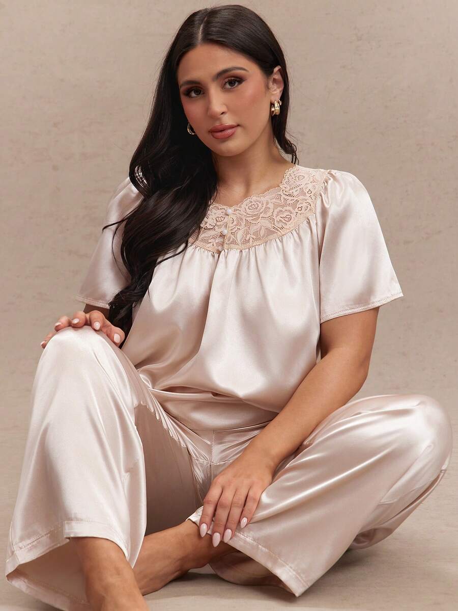 SHEIN BAE Plus Size Lace Patchwork Button Design Imitated Silk Top & Pants Pajama Set - Champagne - View 1