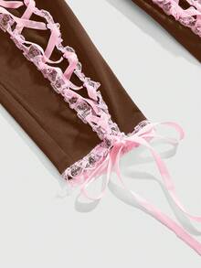ROMWE Goth Quần short nữ ôm sát, có dây rút và viền ren, phong cách Y2K. - màu nâu - Xem 4