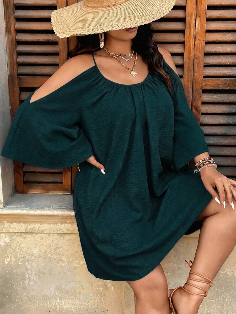 SHEIN Clasi 大码圆领褶皱开衩喇叭七分袖休闲A字连衣裙 - 墨綠色 - 查看 1