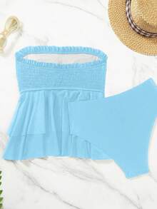 SHEIN Swim Mod Bộ đồ bơi tankini quây ngực màu trơn dành cho nữ, thích hợp cho mùa hè đi biển. - Màu xanh lam - Xem 5