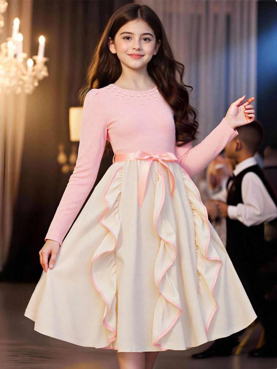 SHEIN 优雅时尚撞色缎带珍珠领连衣裙,适合少女 - 淺粉色 - 查看 1