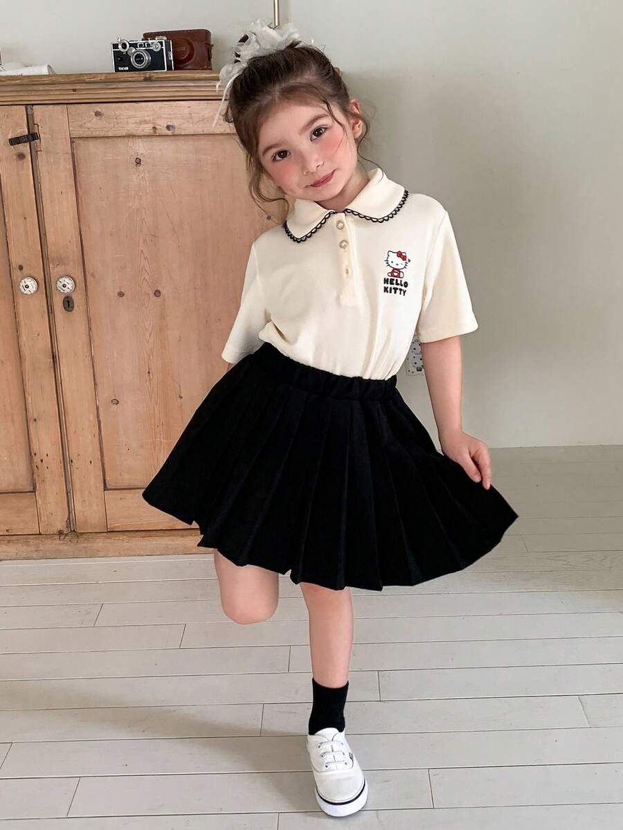 Dazy Kids HELLO KITTY | DAZY 女童夏季休閒領口短袖 KT Cat 圓領套頭 T-shirt - 杏色 - 查看 1