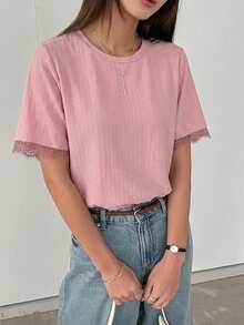 DAZY T-shirt décontracté à manches courtes col rond en dentelle patchwork pour femmes - Rose bonbon - Voir 6