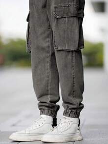 Manfinity Homme Plus Size Men's Casual Jeans With Applique, Drawstring Waist And Slant Pockets - Light Grey - View 5