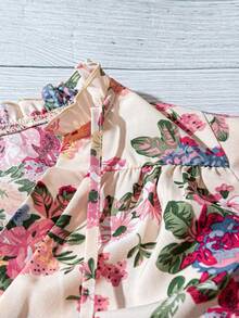 SHEIN Franclia Blusa Solta Feminina com Decote em V, Manga Curta Bufante e Estampa Floral Rosa para Férias - Rosa chiclete - Visão 5