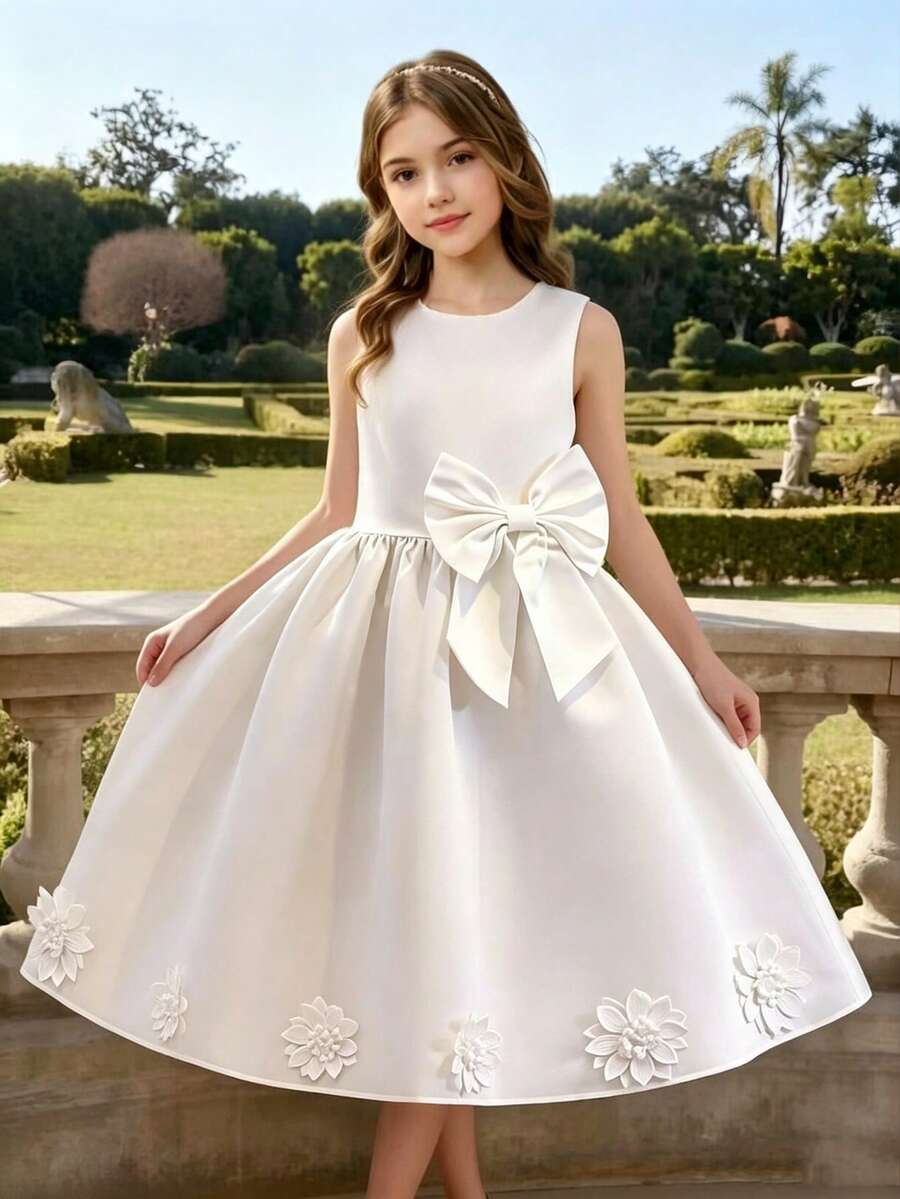 Đầm trắng thanh lịch không tay cổ tròn ôm sát dành cho bé gái tuổi teen, điểm nhấn là nơ hoa 3D, thích hợp cho tiệc tối, Giáng sinh, Halloween, đám cưới, dạ hội, lễ tốt nghiệp, tựu trường và các dịp khác. - trắng - Xem 1